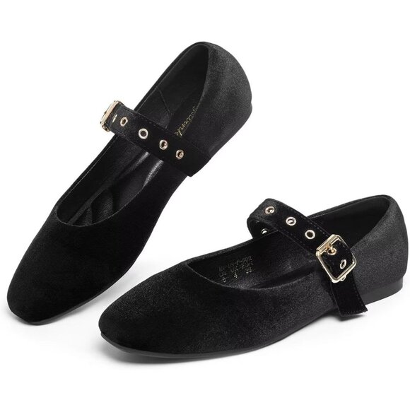 Women Velvet Black Polyurethane (PU) Closed Toe Strap Buckle Ballerina Flats - Picture 1 of 8